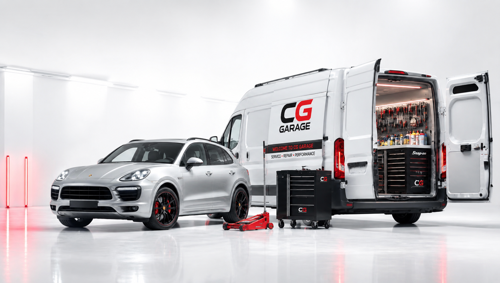 Car Guys mobile garage van beside a luxury SUV
